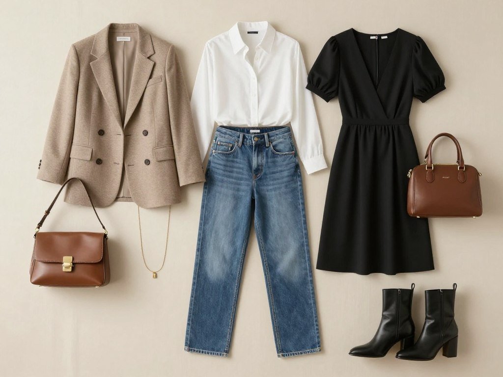 Versatile wardrobe pieces arranged for several everyday outfits