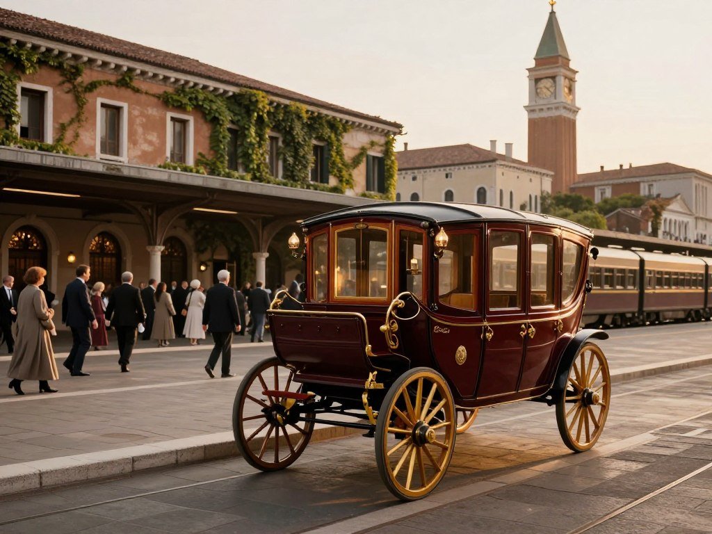 Vintage Venice Simplon-Orient-Express carriage beside a European station Vintage Venice Simplon-Orient-Express carriage beside a European station