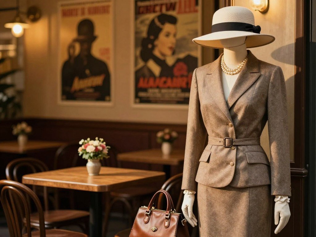 Vintage-inspired fashion pieces arranged for a European cinema look Vintage-inspired fashion pieces arranged for a European cinema look