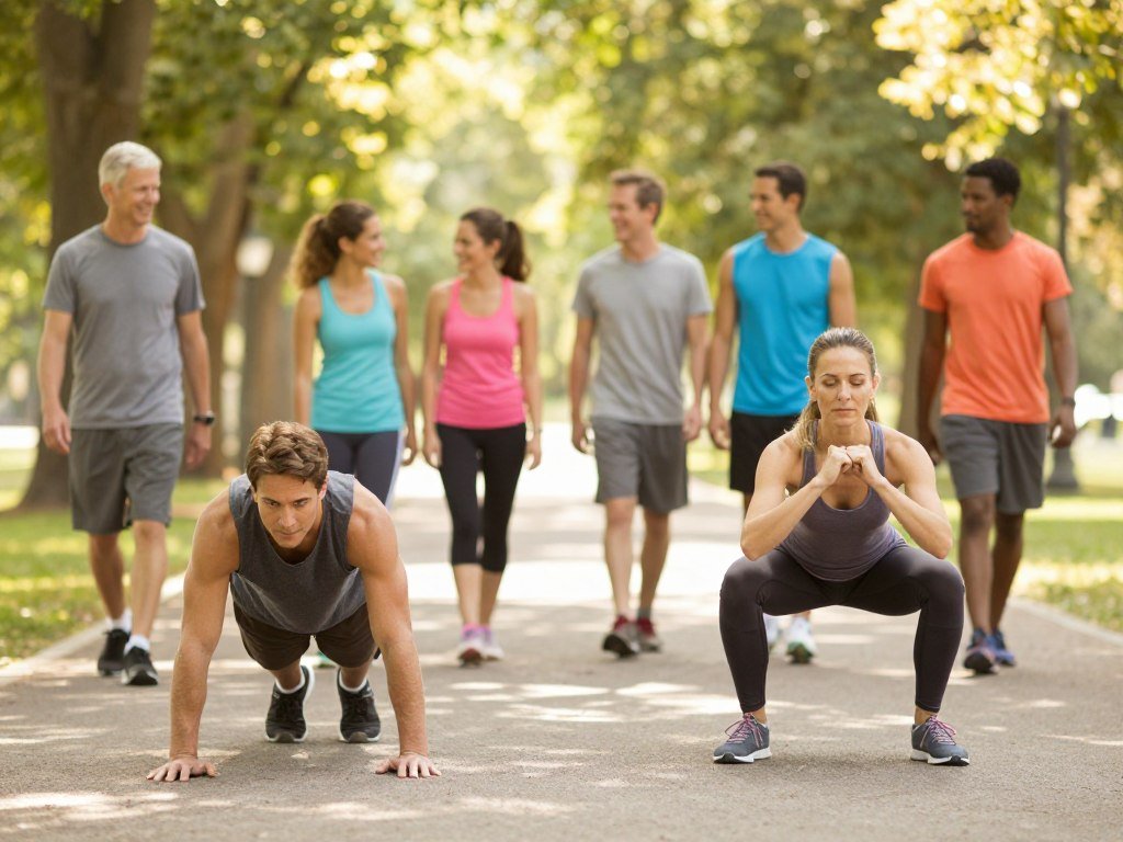 Walking and bodyweight exercise in a balanced beginner workout Walking and bodyweight exercise in a balanced beginner workout