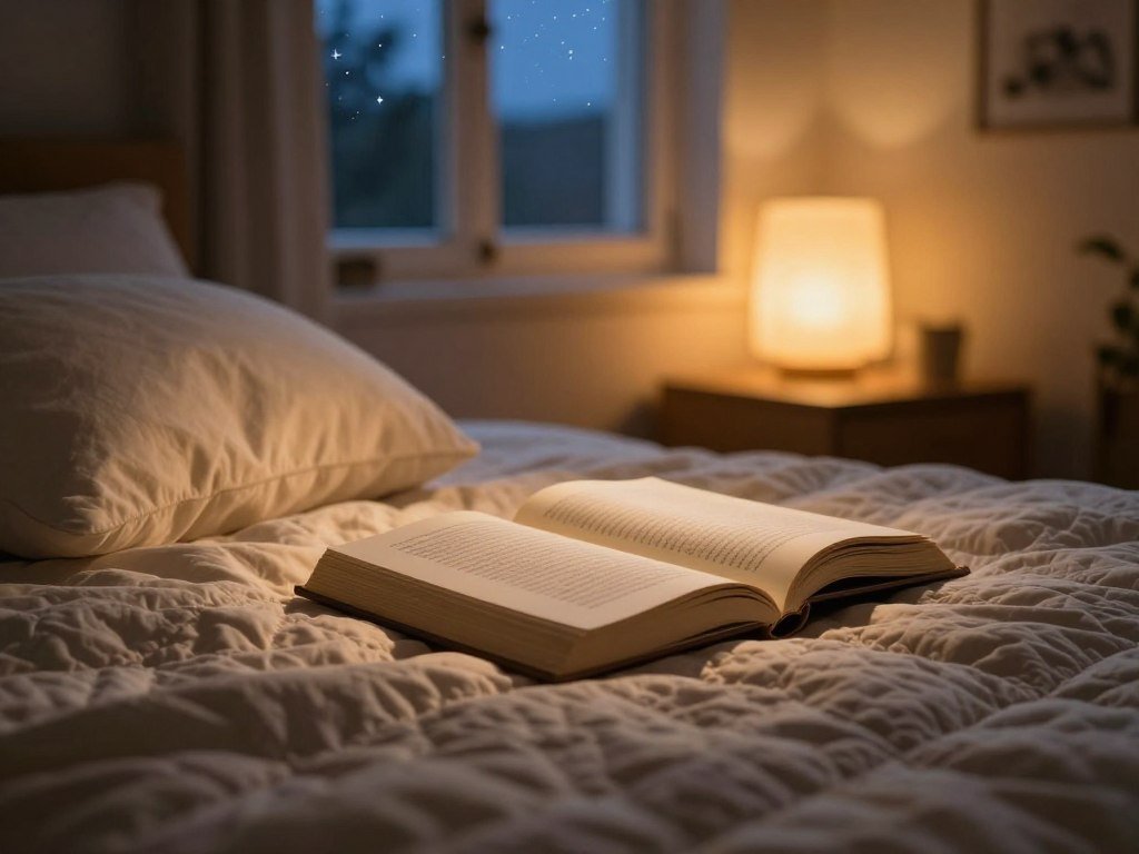 Warm bedroom lighting falling across a book before bedtime