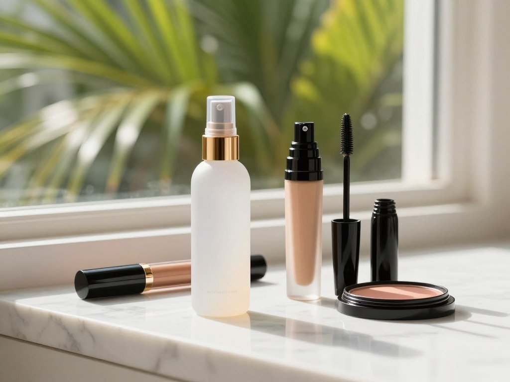 Waterproof setting spray beside makeup for a humid day