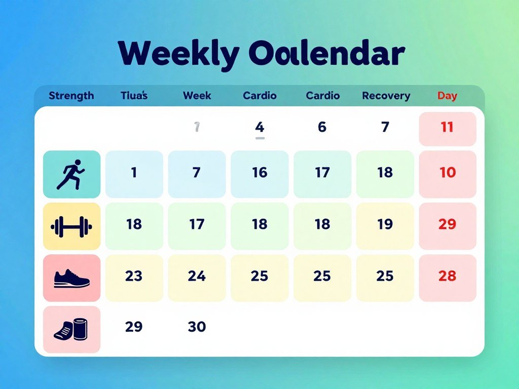 Weekly workout calendar balancing strength, cardio, and recovery
