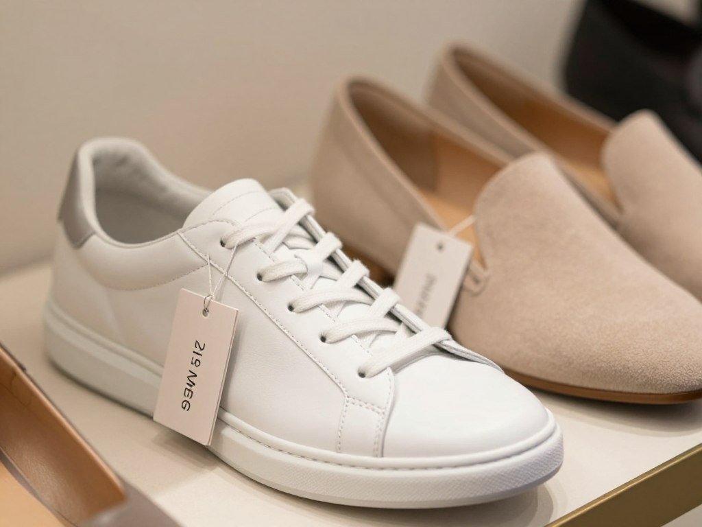 White leather sneakers beside slip-on shoes at different prices