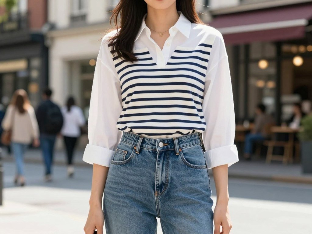 White shirt and striped Breton top paired with denim