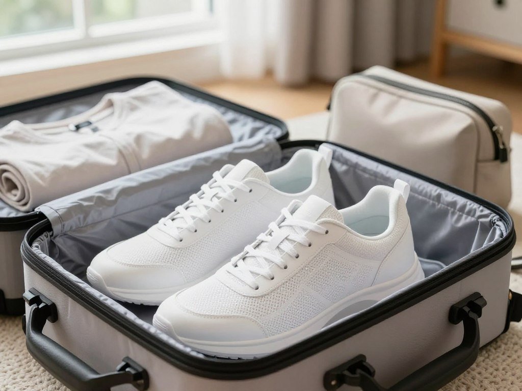 White sneakers packed for travel with lightweight walking features