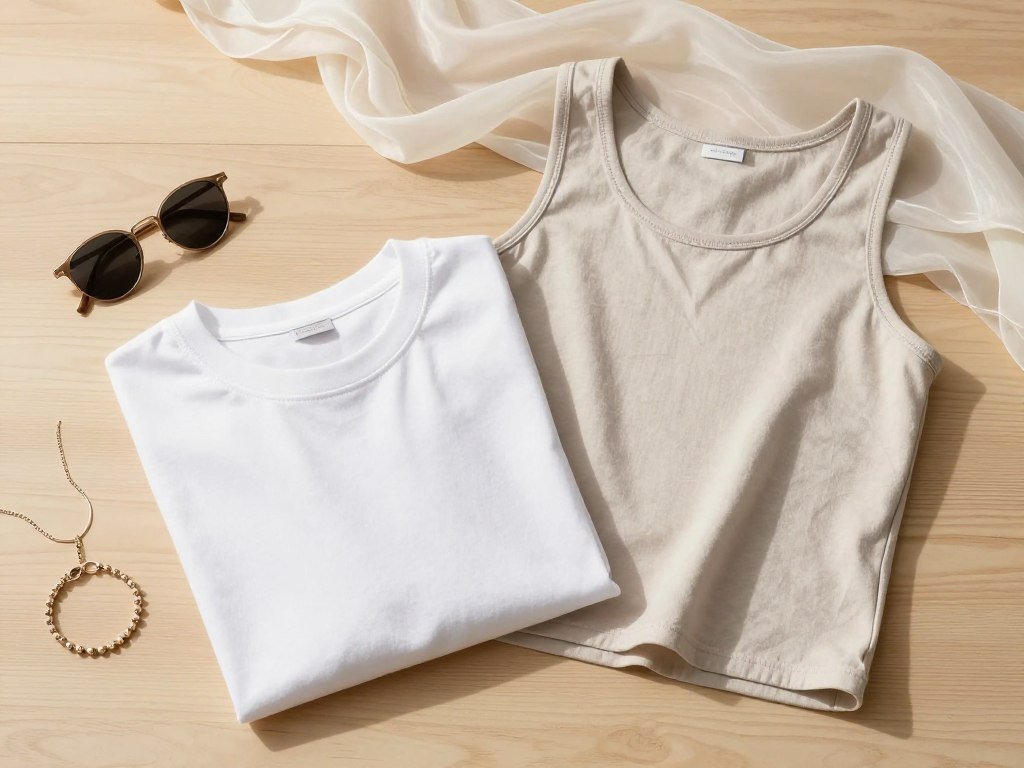 White tee and neutral tank showing different cotton fits