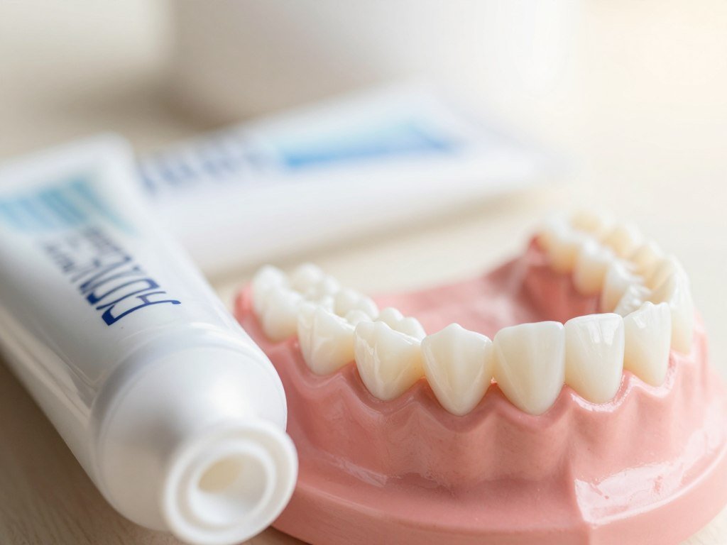 Whitening toothpaste beside teeth showing a natural shade range