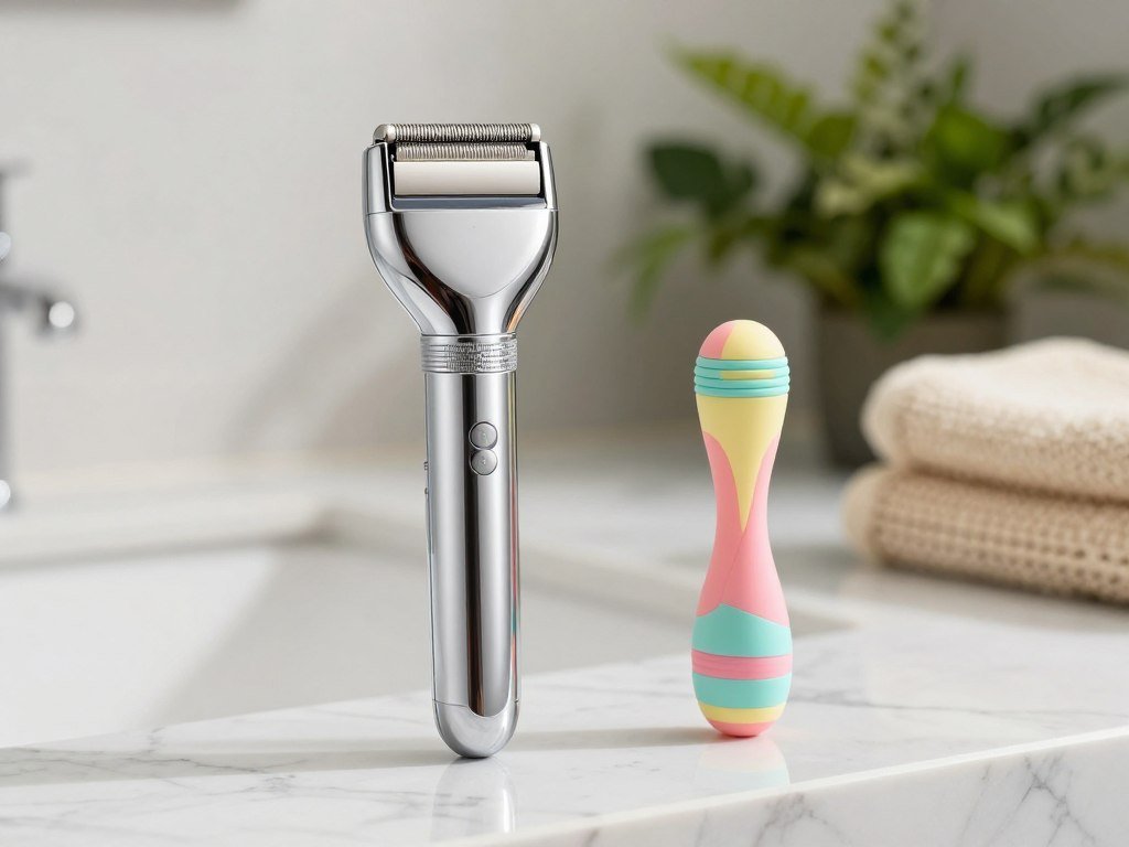 Wide foil shaver beside a compact bikini-line grooming tool Wide foil shaver beside a compact bikini-line grooming tool