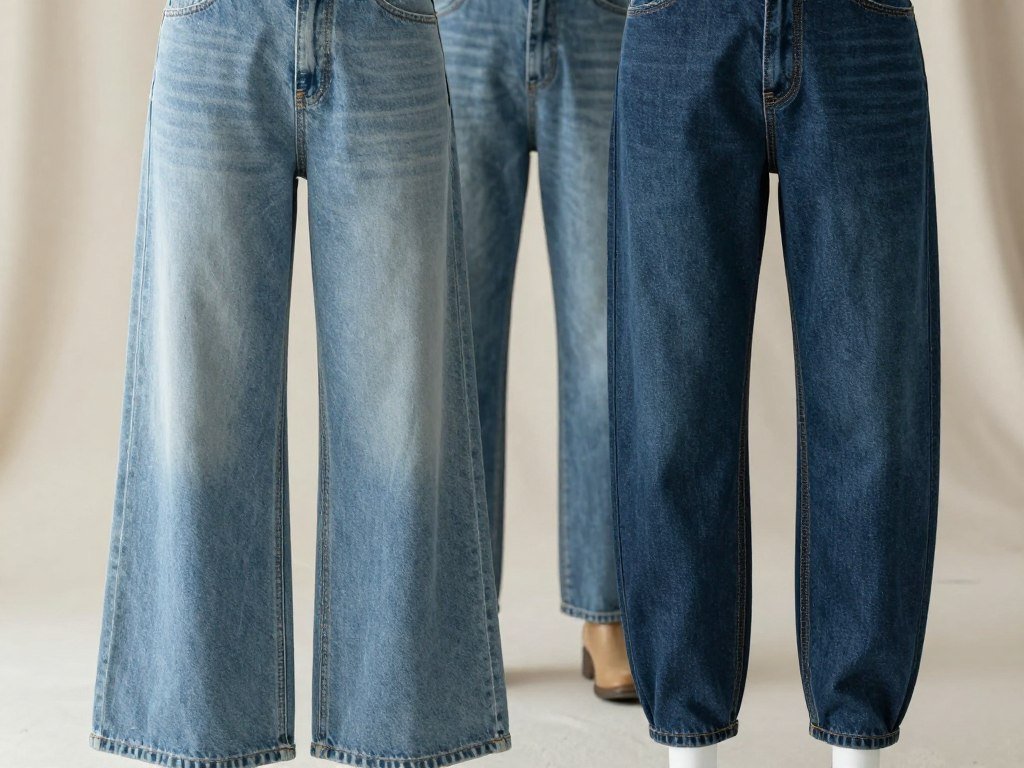 Wide-leg and barrel-leg jeans showing different denim shapes Wide-leg and barrel-leg jeans showing different denim shapes