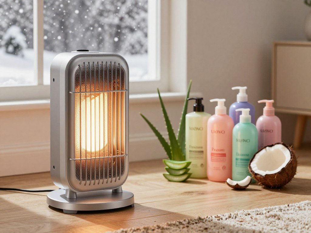 Winter room heater beside hair products for dry scalp care Winter room heater beside hair products for dry scalp care