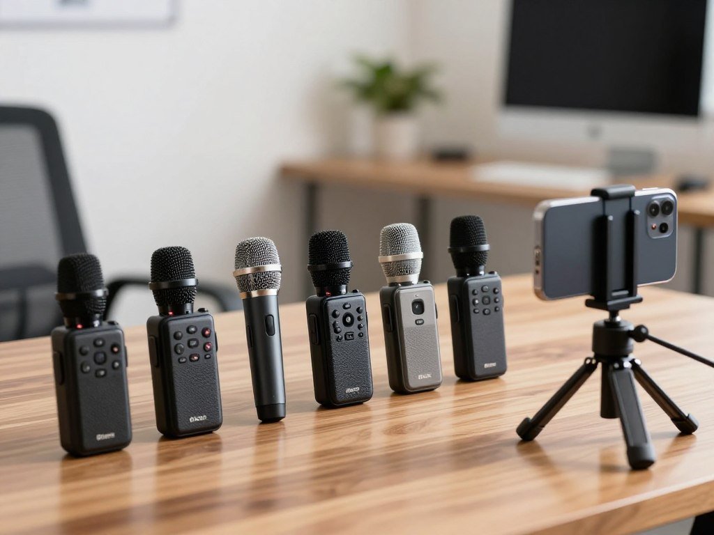 Wireless microphone transmitters ready for a phone video interview Wireless microphone transmitters ready for a phone video interview