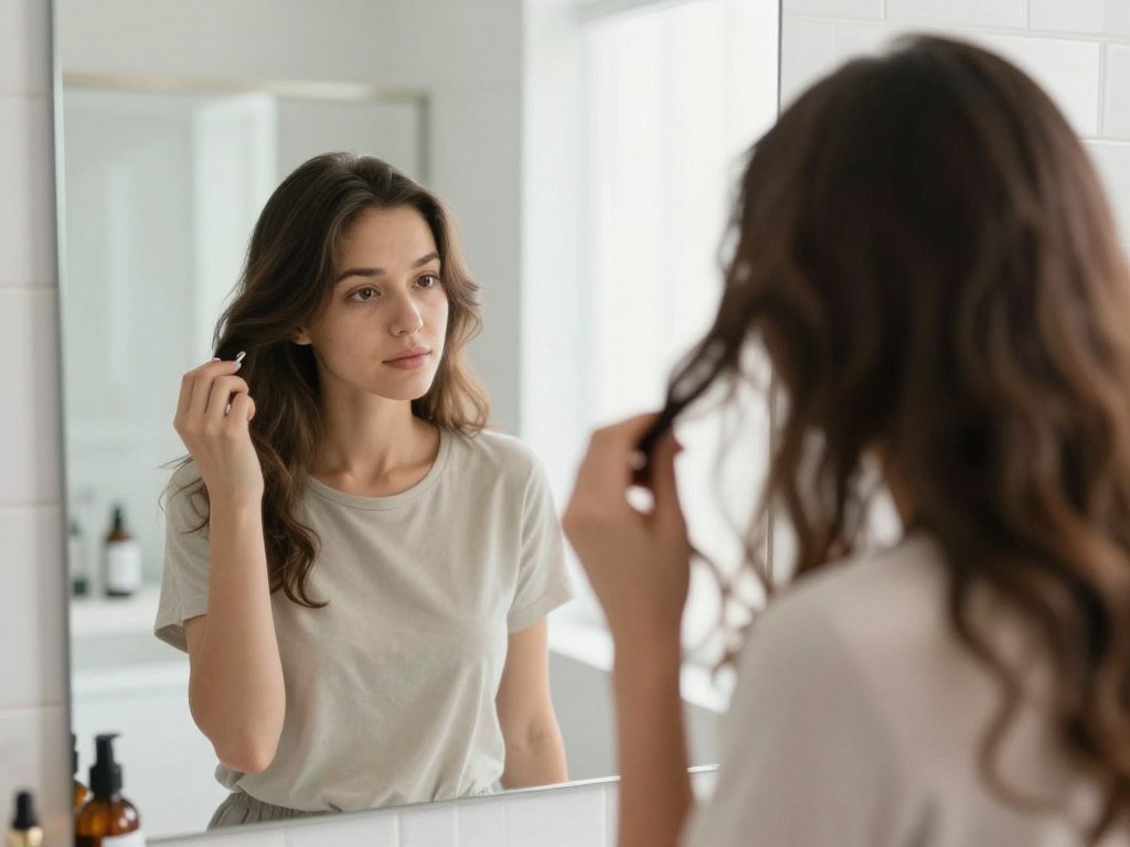 Woman parts her hair to apply topical minoxidil to the scalp Woman parts her hair to apply topical minoxidil to the scalp
