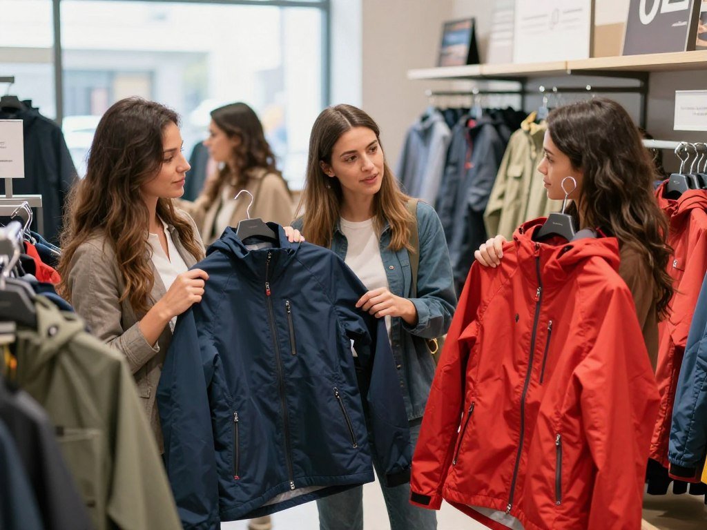 Women comparing jacket colors, sizes, and pocket details Women comparing jacket colors, sizes, and pocket details