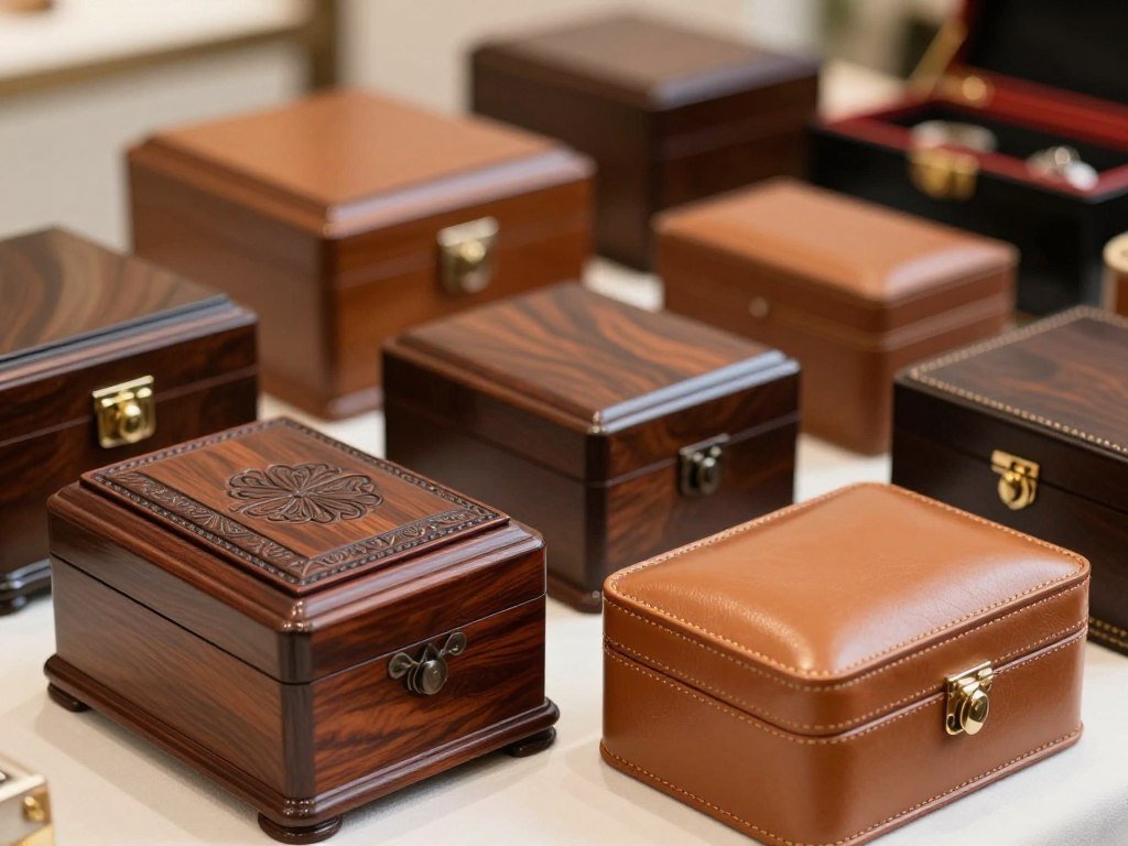 Wood and leather luxury jewelry boxes with refined finishes