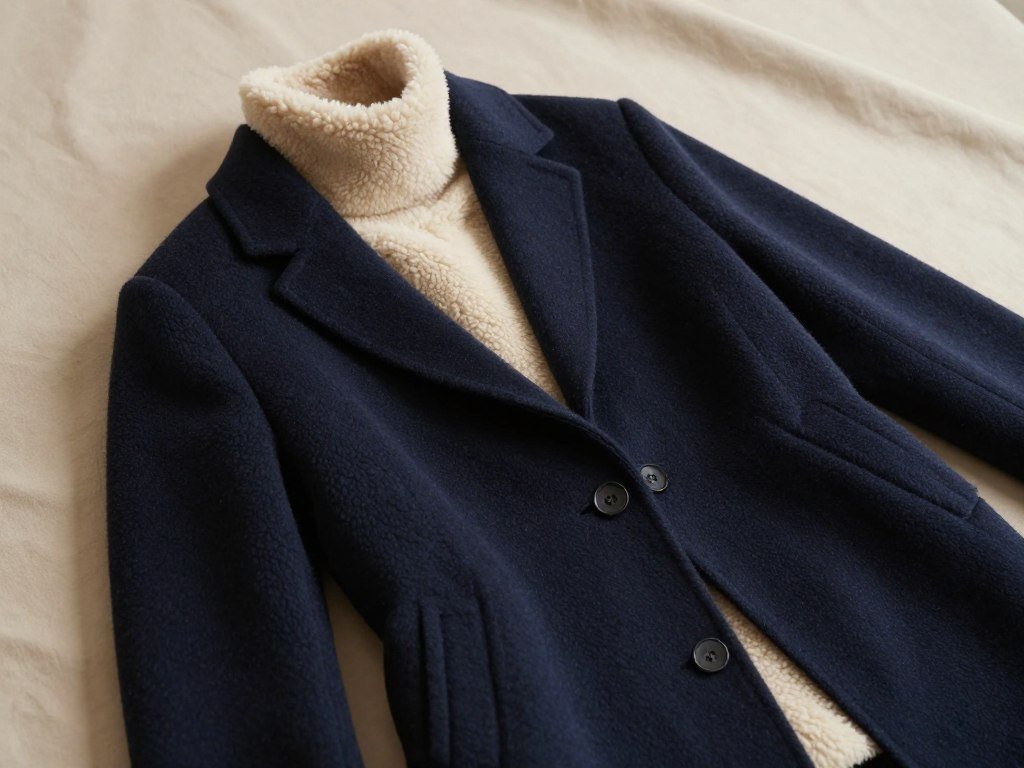 Wool cashmere winter coat beside a plush shearling layer Wool cashmere winter coat beside a plush shearling layer