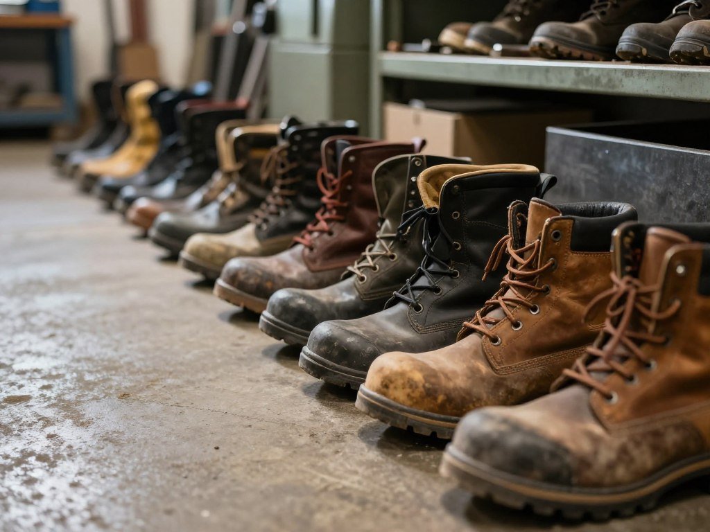 Work boots lined up for concrete shifts and shop floors Work boots lined up for concrete shifts and shop floors