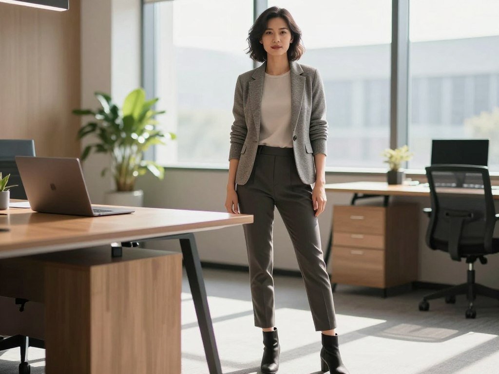 Work look with a polished knit layer and casual outfit items Work look with a polished knit layer and casual outfit items