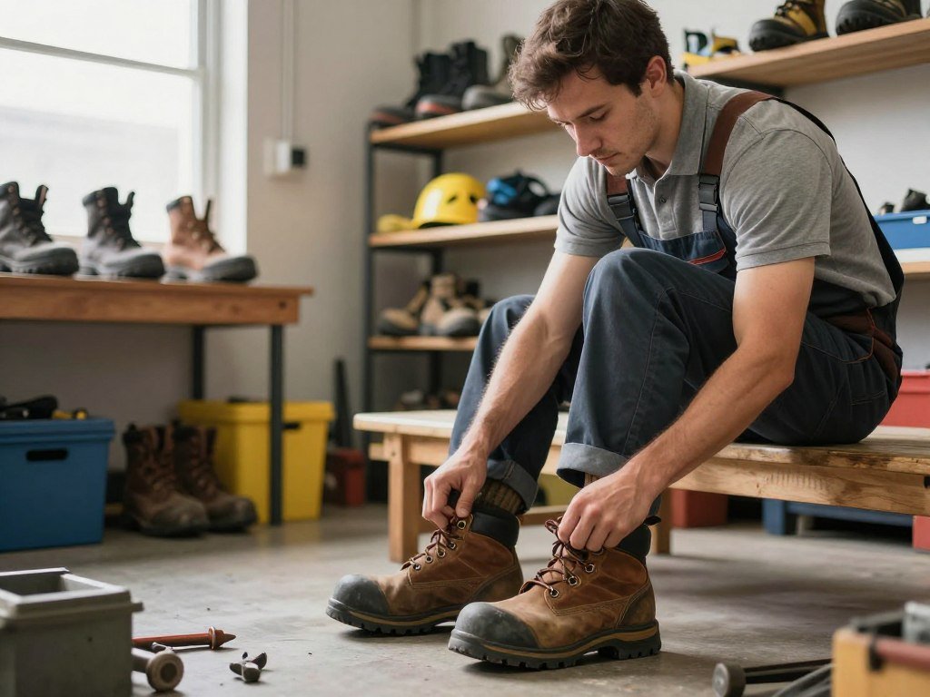 Worker checking boot fit with work socks on Worker checking boot fit with work socks on