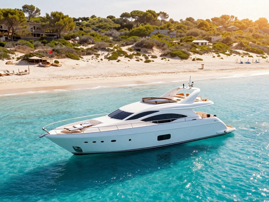 Yacht anchored near Formentera beaches in the Balearic Islands Yacht anchored near Formentera beaches in the Balearic Islands