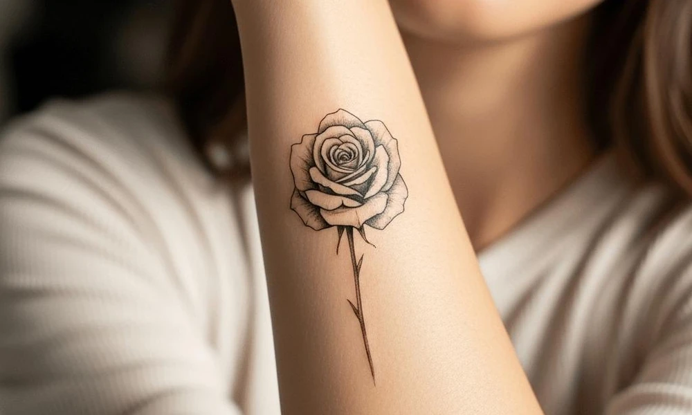 Fine-line black rose temporary tattoo on inner forearm.