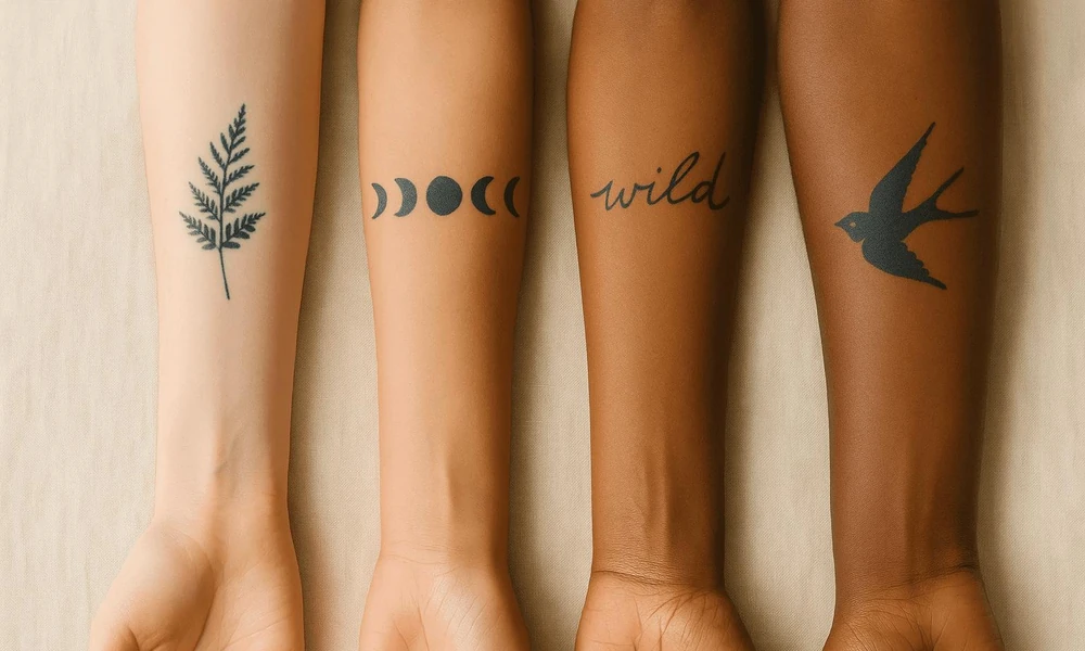 Minimalist temporary tattoos on four different arm skin tones.