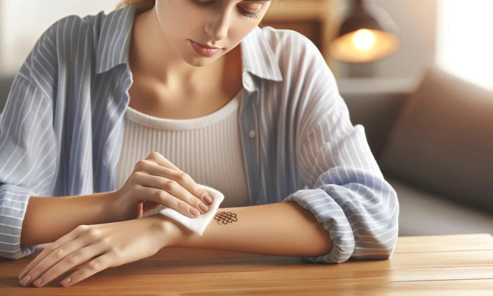 Safely removing a temporary tattoo from forearm using a cotton pad.