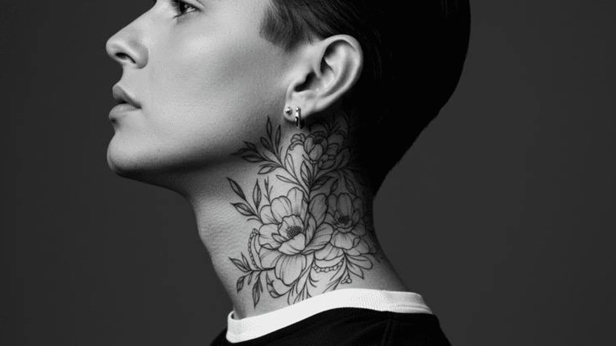 Fine-line floral neck tattoo in black ink on a woman's profile.