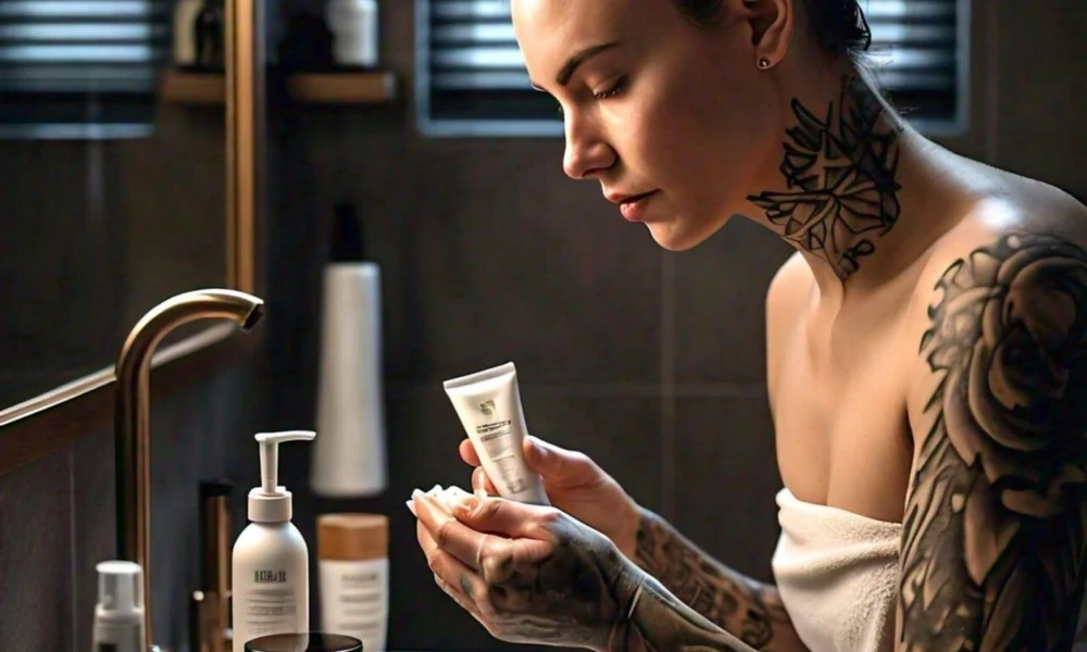Woman applying soothing aftercare lotion to her neck tattoo at home.