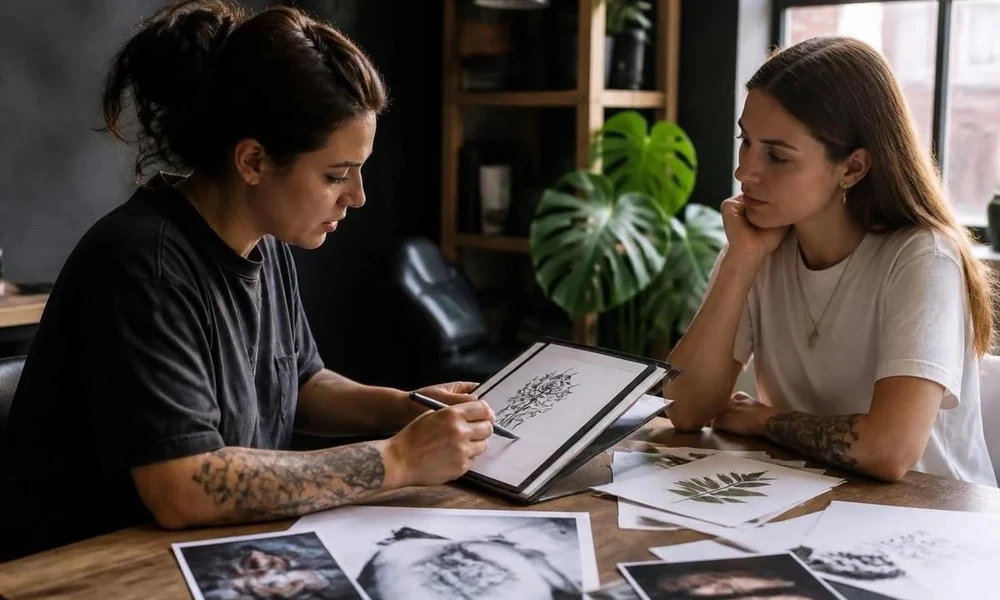 Client reviewing custom tattoo flash sketches with a female tattoo artist
