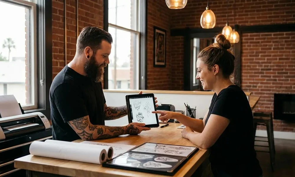 Tattoo artist showing digital tattoo stencil designs to a client on a tablet.