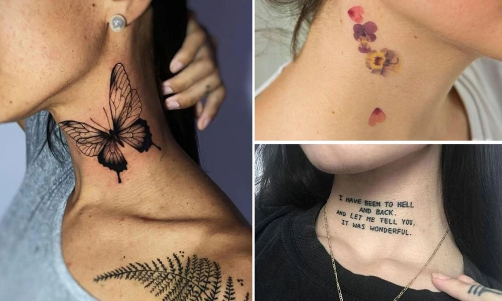 Butterfly tattoo, small floral neck tattoo, and script text tattoo collage.