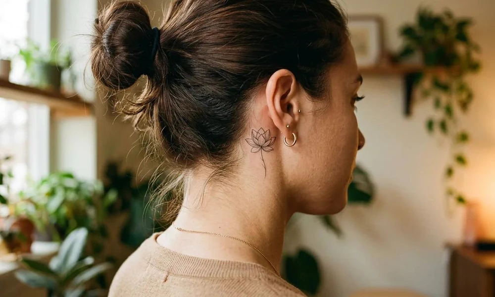 Fine-line lotus flower tattoo behind the ear.