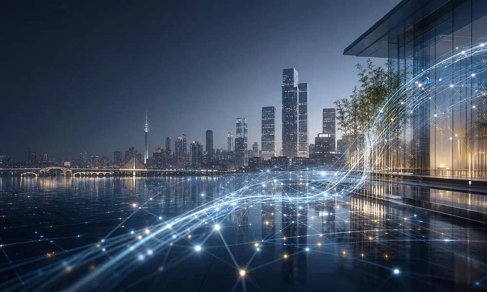 Night cityscape with glowing blue and gold digital network waves spanning across urban water reflection