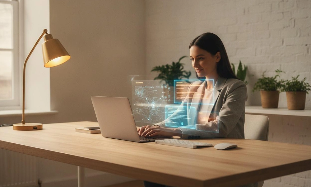 Woman working on laptop with floating holographic AI text and graphics panels in a bright room