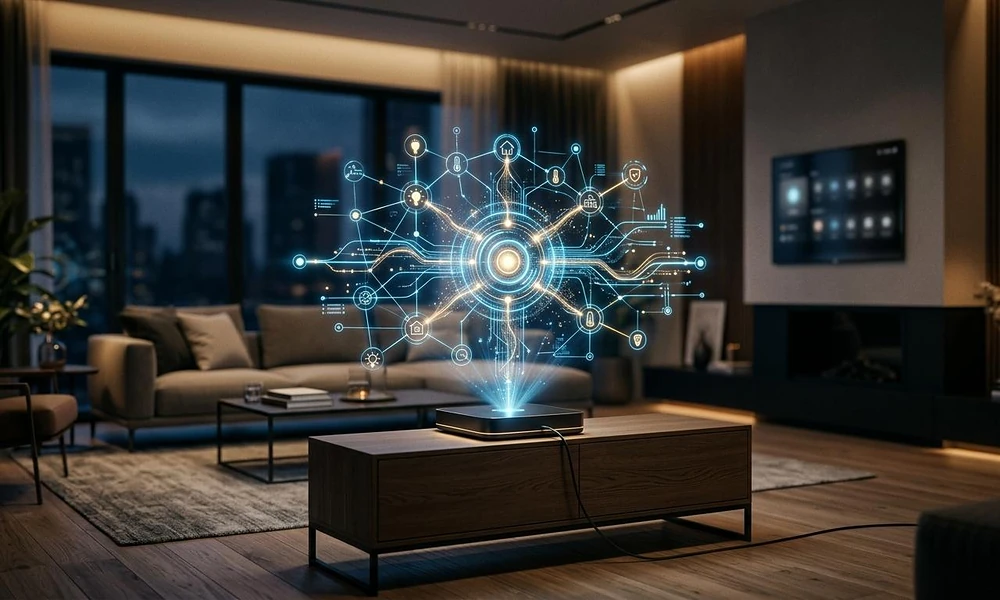 Futuristic holographic smart home hub displaying glowing connected icons in a modern luxury living room