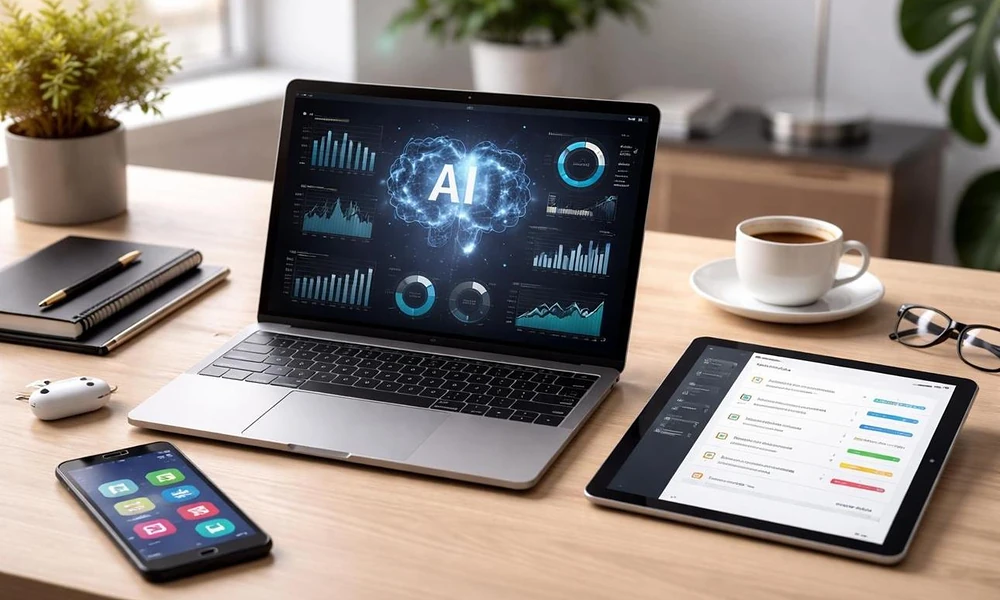 Clean wooden desk setup with laptop displaying AI analytics dashboards alongside tablet and coffee cup