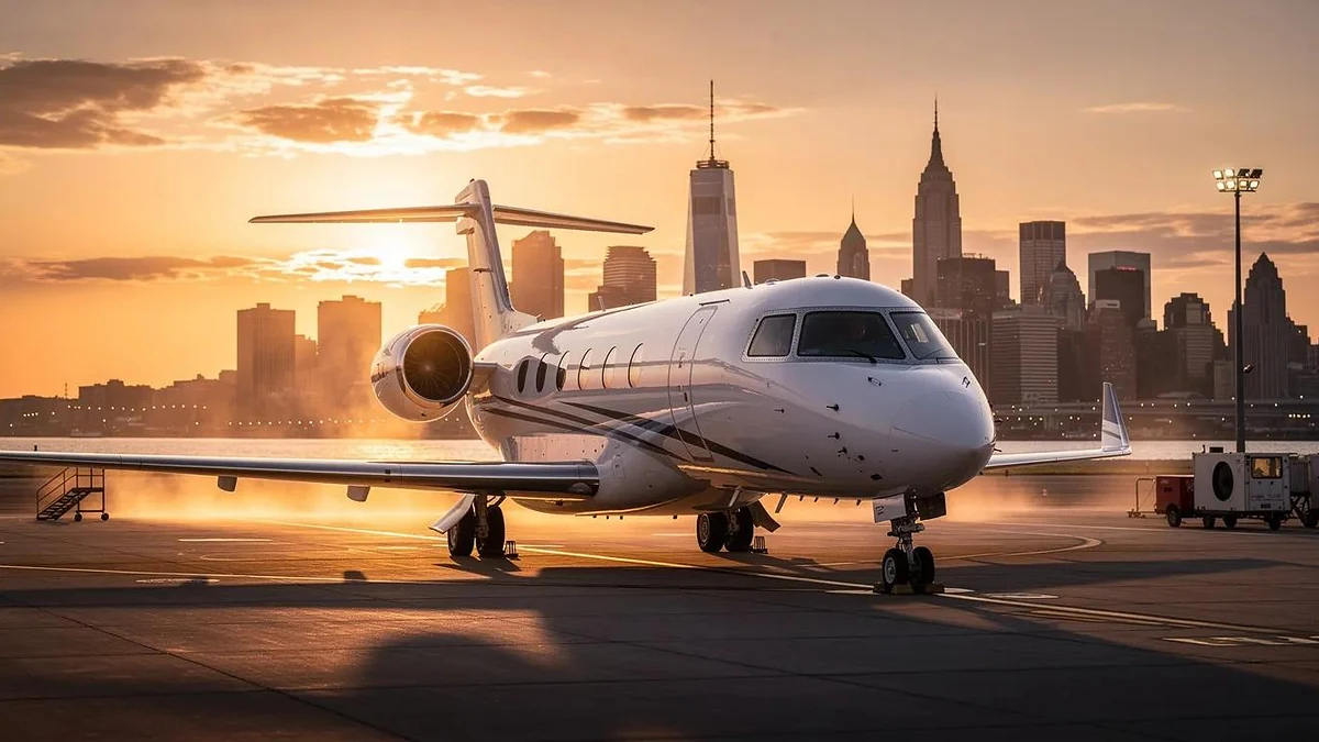 Sleek private jet parked on a tarmac at sunset with the Manhattan skyline in the background, representing private jets in New York