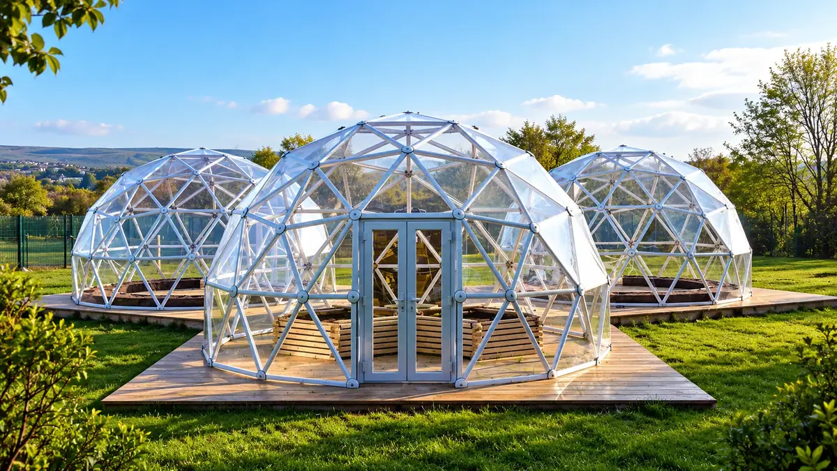 Three transparent geodesic dome structures with white frames and wooden raised beds inside, set on wooden decks in a green garden