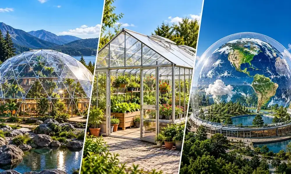 Three panels side by side: a glass geodesic dome with palms and a pond, a peaked glass greenhouse with potted plants, and a transparent sphere enclosing a globe of Earth-Biodome