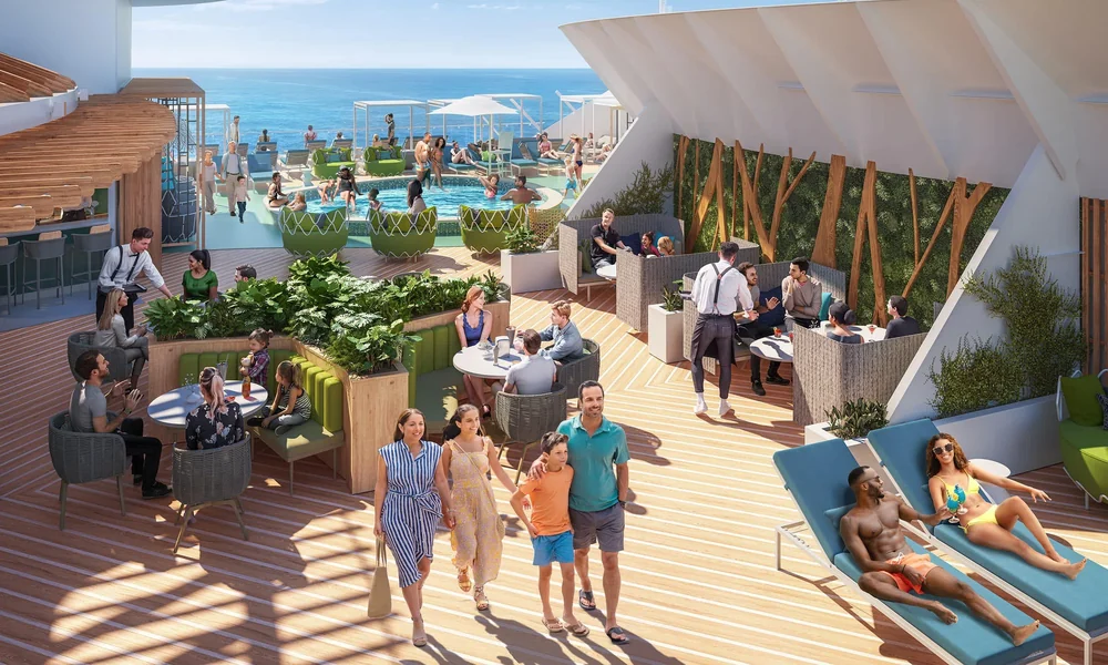 Families enjoying dining and leisure areas on a modern cruise ship