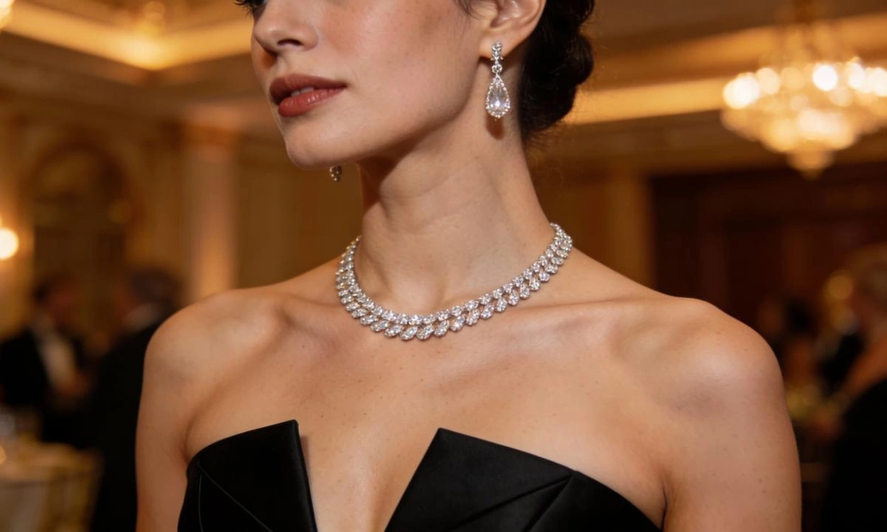 Woman wearing diamond jewelry with a black evening dress