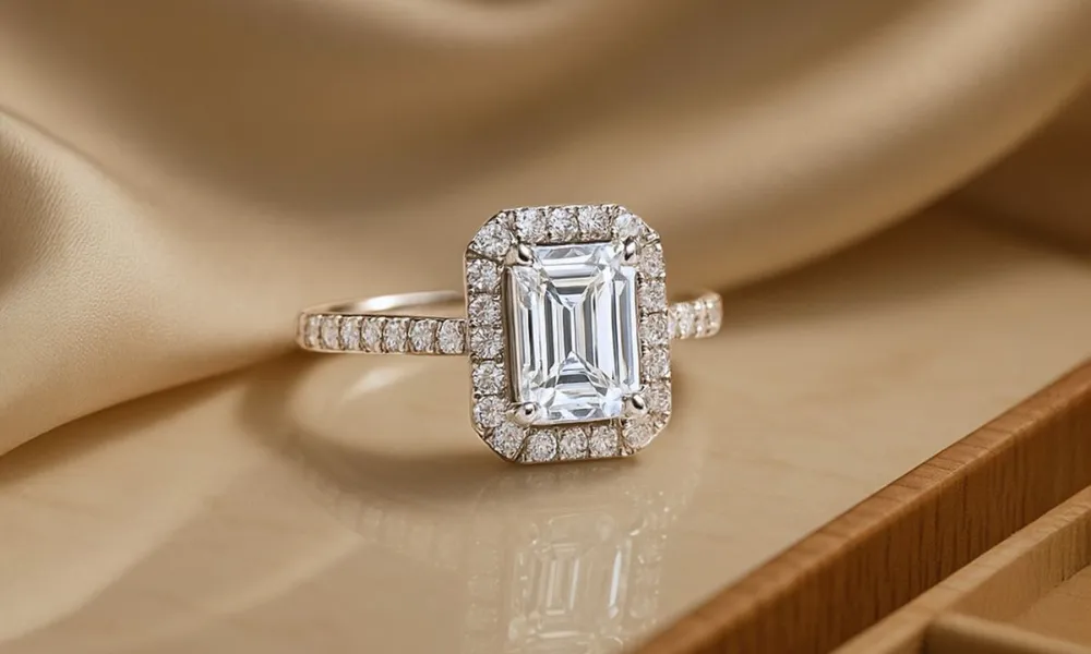 Luxury Diamonds featured in a close-up photo of an emerald-cut diamond ring surrounded by a sparkling diamond halo set on a pavé band, resting against beige silk fabric.