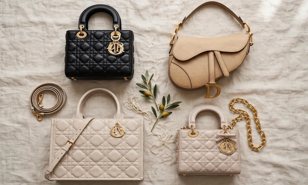Flat lay of four Dior bags - black Lady Dior, beige Saddle bag, off-white tote and small quilted bag with straps on linen.