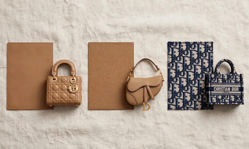 Flat lay of three Dior bag materials with matching handbags smooth tan leather with quilted mini Lady Dior, pebbled grained leather with Saddle bag, and blue Dior Oblique canvas with Book Tote — on natural linen background.
