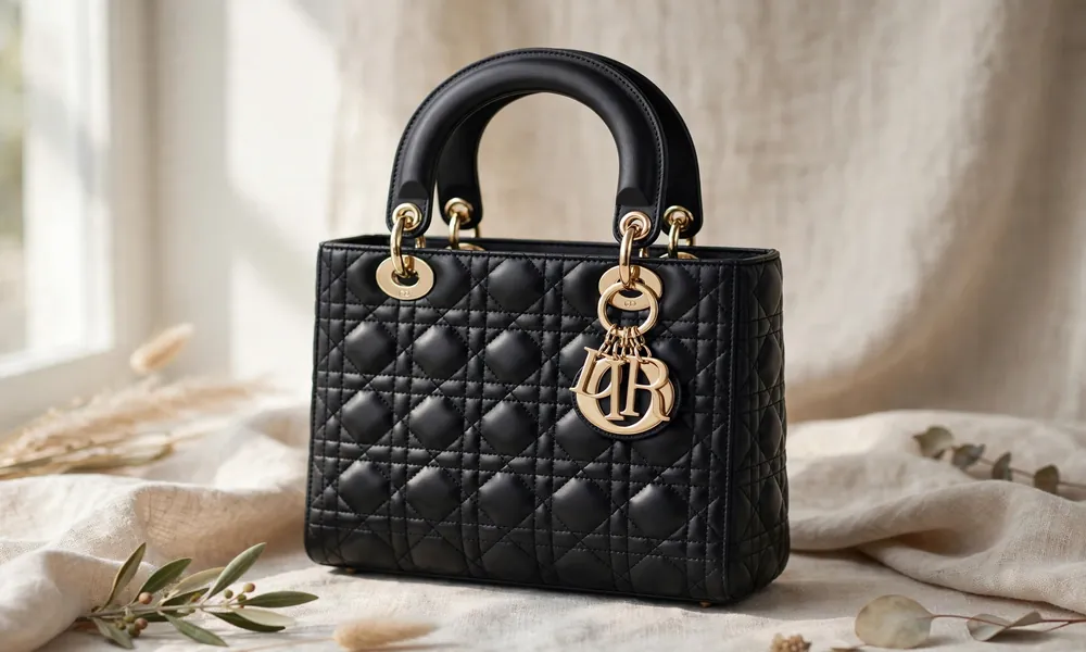 Black quilted Lady Dior bag with gold hardware and D.I.O.R. charms on natural linen fabric with soft daylight.