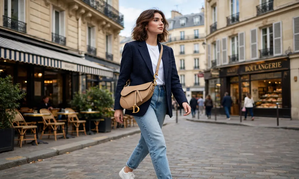 Woman wearing beige Dior Saddle bag crossbody with jeans and blazer walking on cobblestone street.