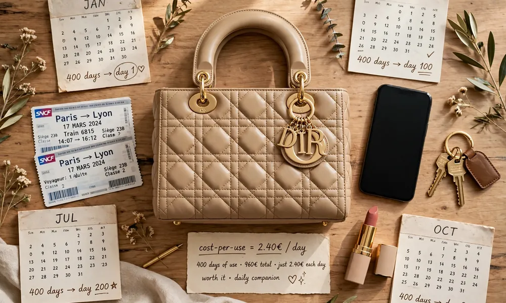 Top-down flat lay of beige quilted Lady Dior bag surrounded by calendar pages for 400 days, Paris to Lyon train tickets, cost-per-use note reading 2.40€ per day, smartphone, keys and lipstick on wooden table.