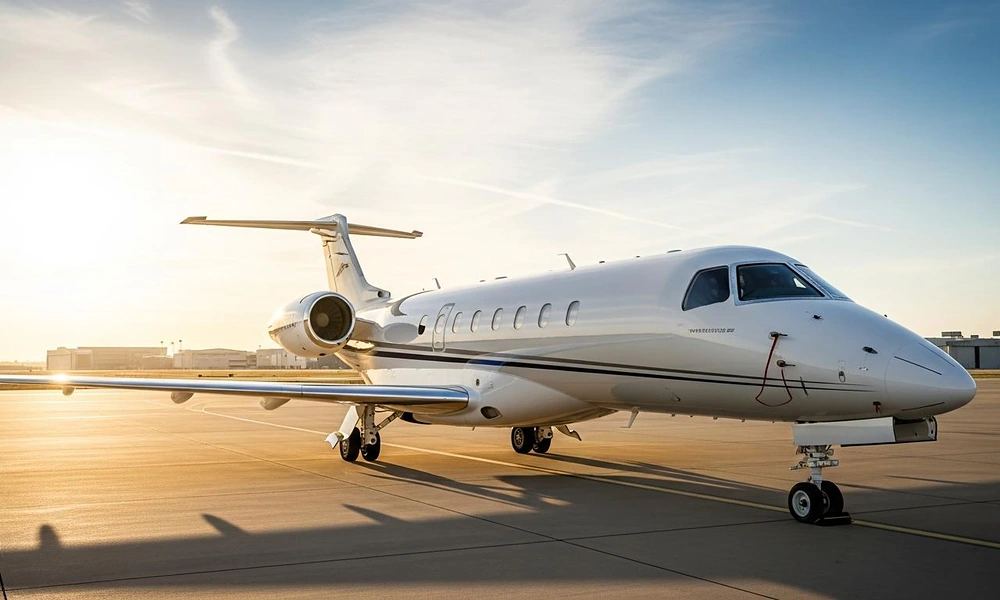 Embraer Praetor 600 super-midsize jet bathed in warm sunrise light on the tarmac, popular among New York private jets