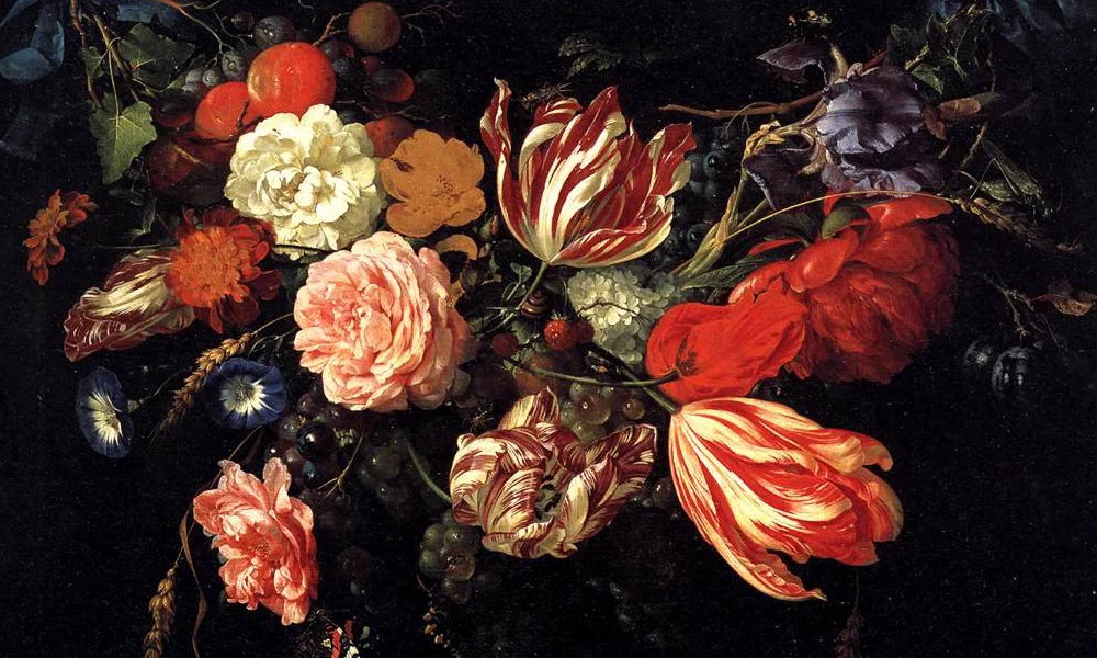 A dramatic still-life painting of tulips, roses, and other colorful flowers with fruit, arranged against a deep black background-Female Artists